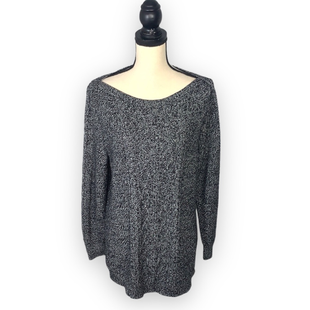 Crown & Ivy Black Marled Knit Sweater Boat Neck Longline Slit Hem OS